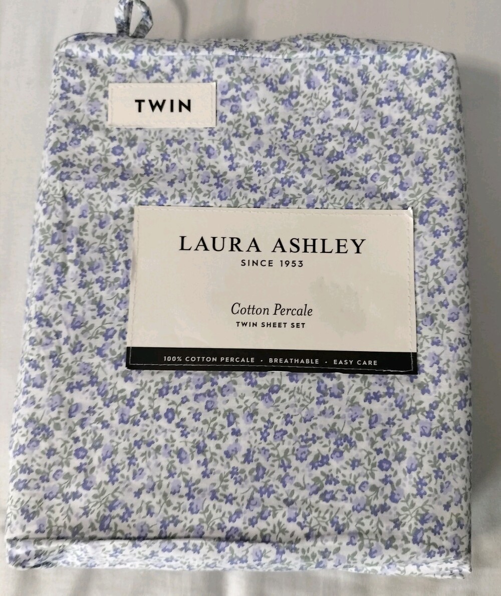 Laura Ashley Twin Cotton Percale Sheet Set Purple Floral  Cottagecore NWT